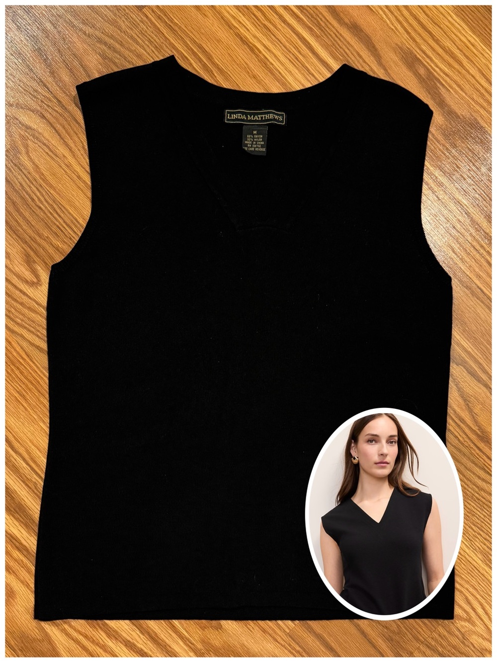 Linda Matthews Black Sleeveless V-Neck Knit Top
